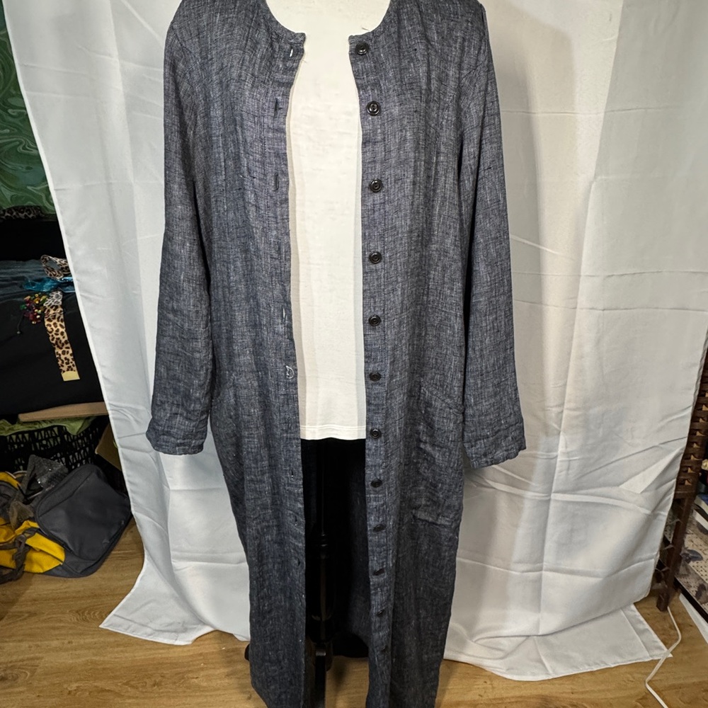 FLAX Blue-Black Linen Long Button-Up Duster / Dress; S